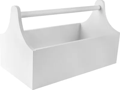 A white wooden toolbox with a handle is shown against a white background.