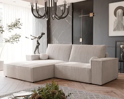 Image de Canapé d'angle capitonné HUGO avec fonction sommeil et coffre de lit Canapé d'angle en L Salon Canapé avec coffre de lit Canapé gauche Poso 100 Beige