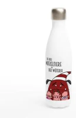 Produktbild von Weiße Edelstahl-Wasserflasche " Die drei Muckeltiere & der Wüterix"