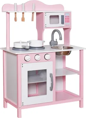 Produktbild von Kinderküche Holz - Rosa Spielküche mit Zubehör und Mikrowelle - Ginger Home