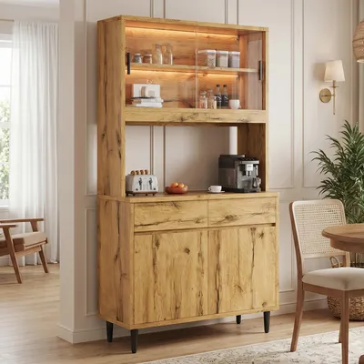 Immagine prodotto di Mobiletto alto per la zona pranzo di Flieks, con scomparti multistrato, presa di corrente integrata, credenze con illuminazione a LED colorata, mobiletto contenitore, finitura noce
