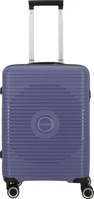 A studio shot of a purple suitcase.