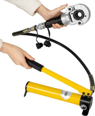 Zdjęcie produktu dla Hydrauliczny zestaw zaciskaczy/narzędzi do zaciskania – 6 t – 9 matryc – głowica obrotowa 360° – pompa ręczna – do rur miedzianych/aluminiowych/PEX – żółty