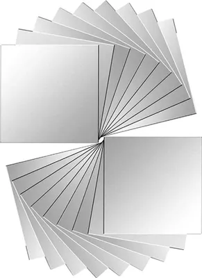 A fan of self-adhesive mirror tiles arranged in two groups, fanning out from a central point.