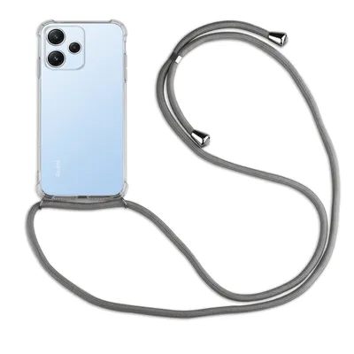 A light blue smartphone with a clear case and a gray lanyard is displayed against a white background.