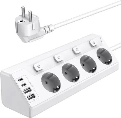 Produktbild von Steckdosenleiste, Steckdosenblock, Ecksteckdose, Mehrfachsteckdose, 4-fach Rund Mehrfachstecker, 4 USB (2 USB C), 2M Verlängerungskabel