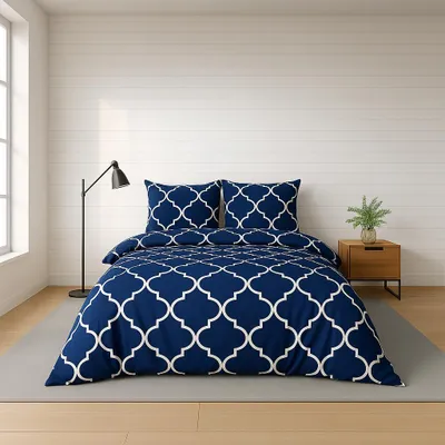 Produktbild von Bettwäsche 200x200 cm. 3-teilig Set 100% Baumwolle Bettbezug Blau Weiß Orientalisches Design