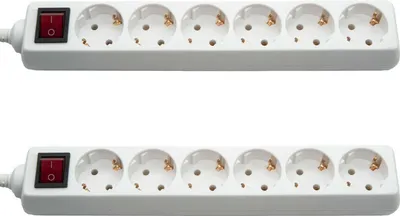 Two white power strips with red switches are shown against a white background.