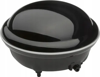 A black and white aquarium air pump is shown against a white background.