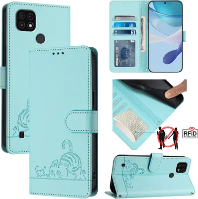 Produktbild von Leder Hülle für Realme C20 / C11 2021 / C21 Süße Katze Flip Case Brieftasche Schutzhülle mit Standfunktion hellgrün