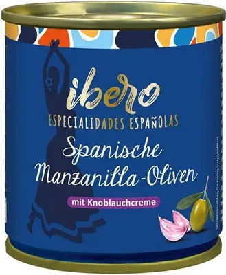 Produktbild von Ibero Grüne Manzanilla-Oliven mit Knoblauchcreme 85 G Dose Vegan Glutenfrei Fruchtig herber Geschmack