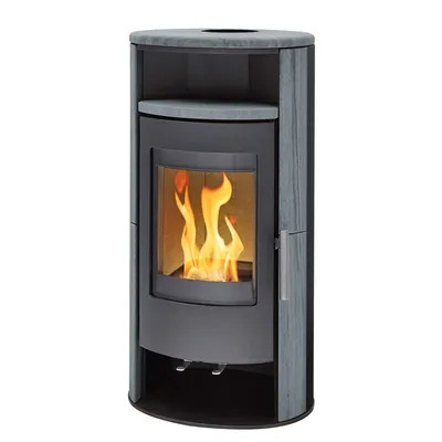 A freestanding fireplace with a gray stone exterior and a black metal interior, showing flames inside.