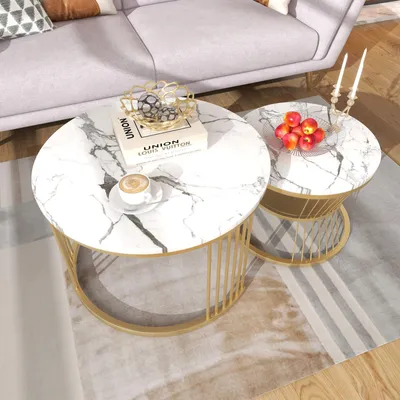 Produktbild von ProximaX 2er Set Couchtisch Beistelltisch rund Ø70 + Ø45 cm, Marmoroptik, goldenes Metallgestell, Satztisch, platzsparend
