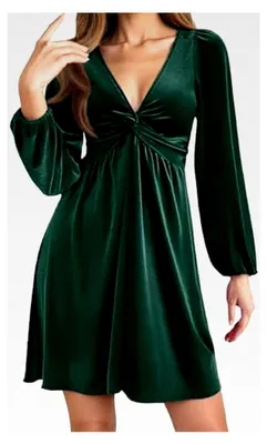 Produktbild von Damen Samtkleid Langarm V-Ausschnitt Elegantes Partykleid Kurz Cocktailkleid A-Linie Freizeitkleid Hohe Taille Midikleid Weihnachtskleid