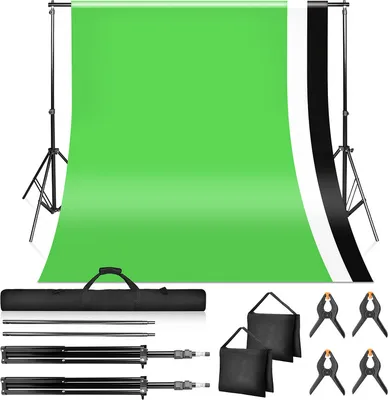 Produktbild von Fiqops 2 x 3m pozadí systém fotografické pozadí stojan s 1,5 x 3m pozadí 100% čistá bavlna mušelín omyvatelné odolné（bílá, černá, zelená）
