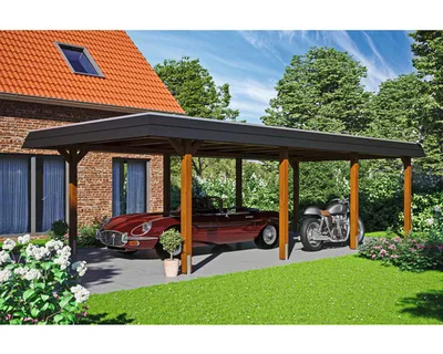 Produktbild von Einzelcarport SKAN HOLZ Wendland schwarze Blende inkl. Pfostenanker 409 x 870 cm nussbaum