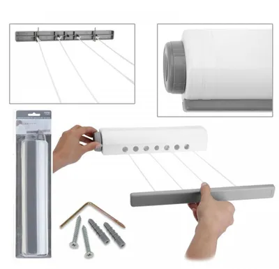 Collage of images showing a retractable clothesline and its components.