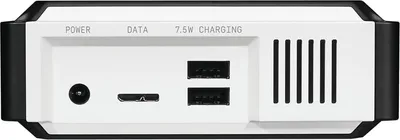 The back panel of an external hard drive showing ports and labels.