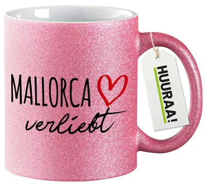 Produktbild von Huuraa Glitzertasse Mallorca verliebt 330ml Pink Keramik Kaffeebecher Geschenkidee