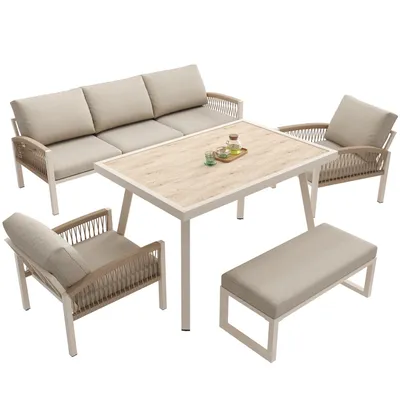 Produktbild von Handgeflochtenes Gartensofa,mit Armlehnen,Robustes Eisengestell und beige Polster,Komplett mit Tisch+2 Sesseln,Wetterfeste Terrassen-Garnitur