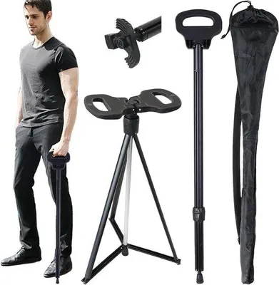 Imagen del producto de Bastón plegable con asiento - Permite descansar y caminar - Función 2 en 1 - Ajustable - Color negro