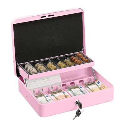 Immagine prodotto di Relaxdays Cassetta portavalori con serratura, piano contamonete e 4 scomparti per banconote, cassetta portavalori in ferro, HxLxP: 8,5 x 30,5 x 24,5 cm, rosa
