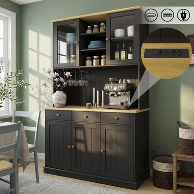 Produktbild von Buffetschrank mit Glastüren und Steckdose, 120x40x191 cm, Schwarz