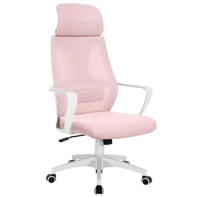 A pink and white ergonomic office chair with a headrest, shown from a three-quarter angle against a white background.