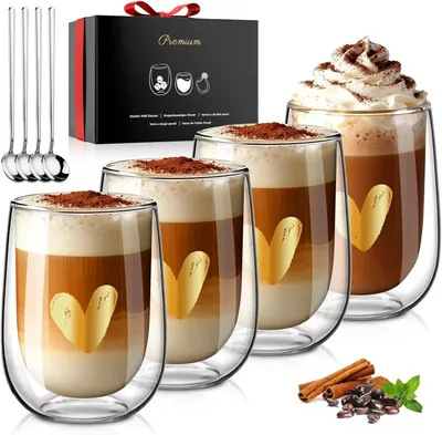 Zdjęcie produktu dla Szklanki do latte macchiato 350 ml, zestaw 4 sztuk, dwuścienne, do kawy