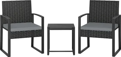 Obrázek produktu pro Venkovní zahradní nábytek - 3dílná sada z polyratanu - kovová konstrukce - bez polštářů - nutná montáž - 58 x 55 x 76 cm - světle šedá