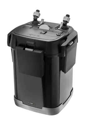 A black and gray external filter for an aquarium, shown against a white background.