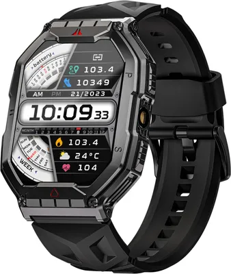 A close-up studio shot of a black and gray smartwatch with a detailed digital display.