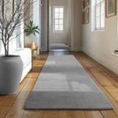 A long, narrow rug is laid out on a wooden floor in a hallway. A large potted plant is visible on the left side of the image.