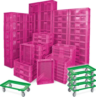 Produktbild von 78 Stück Stapelkörbe/Bäckerkästen in 5 Größen, Grundmaß LxB 600 x 400 mm, H 90 mm, 150 mm, 240 mm, 320 mm, 410 mm, Farbe pink + 5x Transportroller, grün