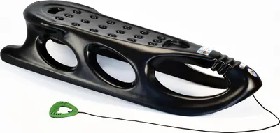 A black plastic sled with a green pull handle and rope, shown on a white background.