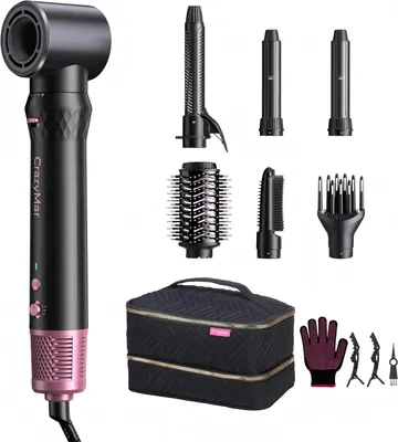 Image de Kit de coiffure 7 en 1 avec sèche-cheveux ionique, fer à friser automatique et fer à lisser, brosse à air chaud 110 000 tr/min pour sécher, donner du volume, boucler et lisser