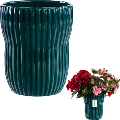 Produktbild von Blumentopf, Blumenübertopf Gehäuse aus Keramik Rund Flaschengrün Ø13 cm H 16cm, Rillen Glanz Oberfläche Modern Glamour, stilvolle Dekoration, räumliche Pflanzenabdeckung