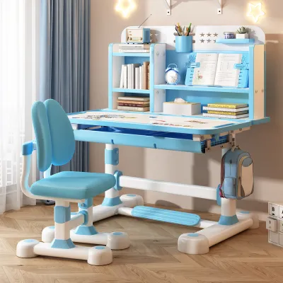 Produktbild von Homedvery Schreibtisch- und Stuhlset, Blau, höhenverstellbar für Kinder & Schule, Ergonomische doppelte Rückenlehne, Sitzkorrektor, Buchständer, Fußpedal, wissenschaftliche Partition, Dichtebrett & Stahlrahmen, Schreibtisch 80x50cm, Stuhl 50x50cm
