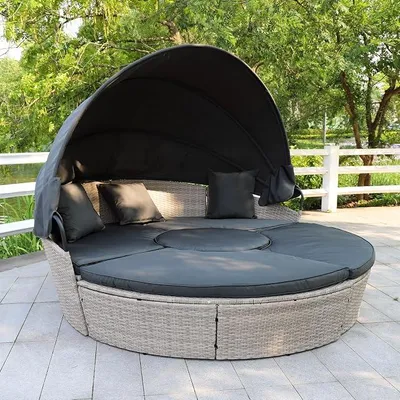 Produktbild von Poly Rattan Sonneninsel mit faltbarem Sonnendach ? 180 cm inkl. Auflagen Kissen Abdeckung Lounge Sonnenliege Gartenmuschel mit Regencover/Farbe: Hell Grau