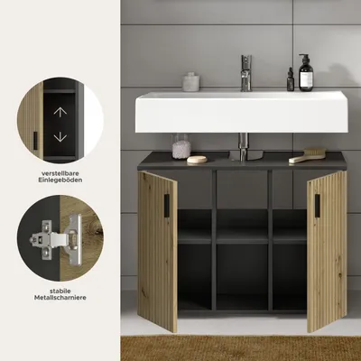Produktbild von Mone Waschbeckenunterschrank 2 Türen, 2 Regale Eiche Nachbildung, dunkelgrau.