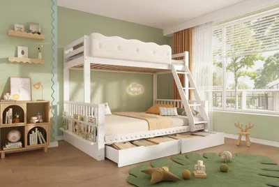 Produktbild von Kinder-Etagenbett 90x200/140x200 cm mit Wolken-Geländer, Schubladen & Zeitschriftenständer, Holz-Familienbett, EN 747:2024, Weiß, KI-generiertes Bild