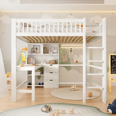 Image de Flieks Lit superposé 140x200cm avec bureau et étagère, Lit d'enfant surélevé avec sommier à lattes, Lit superposé double avec échelle, Blanc