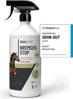 Produktbild von REAVET Bremsen Stop Fliegenspray Pferde 1L mit pflegender AloeVera, Insektenspray mit Sofortschutz & Pferdepflege, Bremsenspray Bremsenblocker gegen Fliegen, Bremsen & Zecken