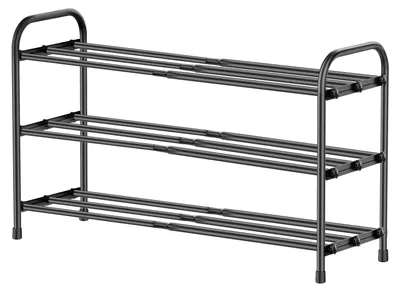 Zdjęcie produktu dla Półka na buty - 3 półki - Wysuwana - Metalowa konstrukcja - Regulowana szerokość 43–78 cm - Wolnostojąca - Czarna