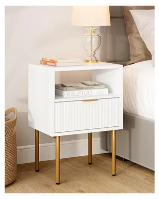 Produktbild von Nachttisch mit 1 offenen Ablage und 1 Schublade, modernes Nachtkästchen, Boho Nachtkommode für Schlafzimmer und Wohnzimmer, Weiß und Gold