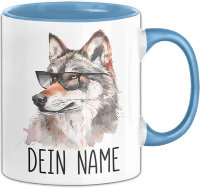 Produktbild von Wolf Tasse mit Namen – Personalisierte Tasse Geburtstag Geschenkidee süßes Wolfmotiv Mit Sonnenbrille Cool Namenstasse (Blau)