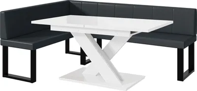 Produktbild von MEBLINI Eckbank für Esszimmer mit ausziehbarem Tisch  - Küchenbank - Essecke - Sitzecke Küche - PETER - U-Beine 142x196x87cm Links - Dunkelgrau Kunstleder/B Weiß Hochgl.