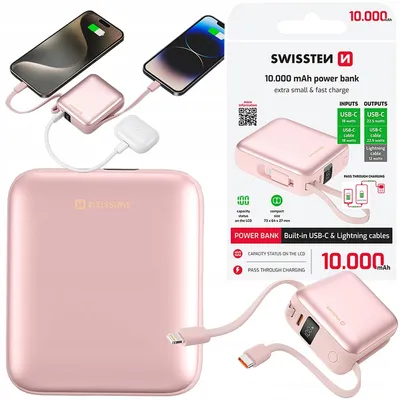 Zdjęcie produktu dla Powerbank Swissten 10000mAh wyświetlacz LCD kabel USB-C Lightning PD 22,5 W