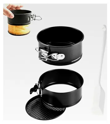 Produktbild von 2 Stück runde Kuchenform 11 cm mit Silikon-Spatel, Set von Backformen, kleine Springform mit Antihaftbeschichtung und abnehmbarem Boden für Kuchen und Torten (Schwarz)