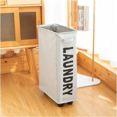 Produktbild von Unyqoos® Faltbarer Wäschekorb mit Rollen – 39×19×56 cm, 600D Oxford, wasserdichte Innenbeschichtung, Netzdeckel mit Kordelzug, Kleidung & Spielzeug